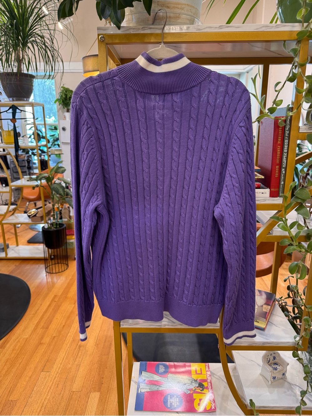 Foxcroft Lavender Cable-Knit Zip Cardigan with White Trim - Picture 2 of 3